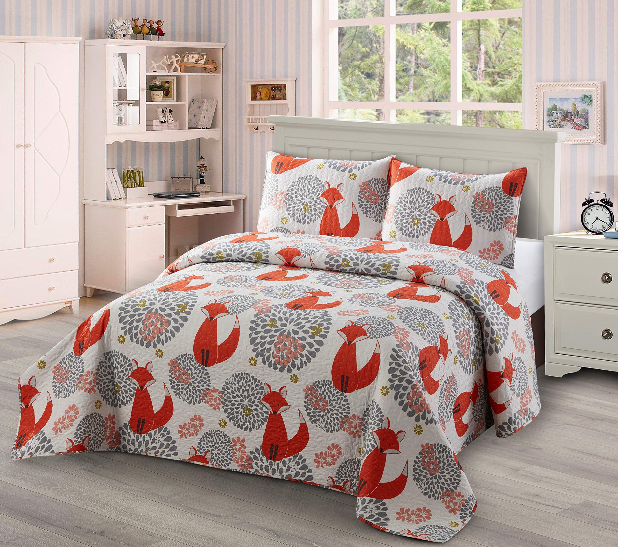 3Pc Full/Queen Quilt Bedspread Set Kids/Teens Fox White Grey Red Orange New